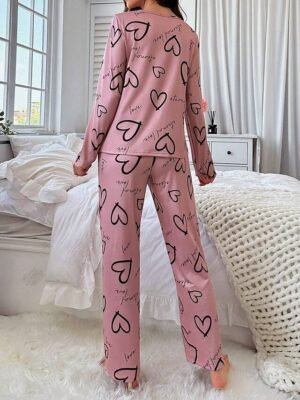 Casual Comfort Heart Crew Neck Long Sleeve Pajama Set - Image 2