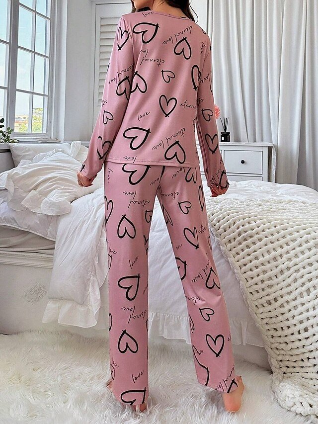 Casual Comfort Heart Crew Neck Long Sleeve Pajama Set - Image 2