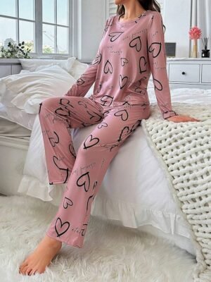Casual Comfort Heart Crew Neck Long Sleeve Pajama Set - Image 3