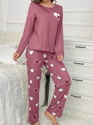 Casual Comfort Heart Crew Neck Long Sleeve Pajama Set - Image 5