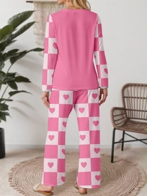 Casual Comfort Heart Grid Crew Neck Long Sleeve Pajama Set - Image 2