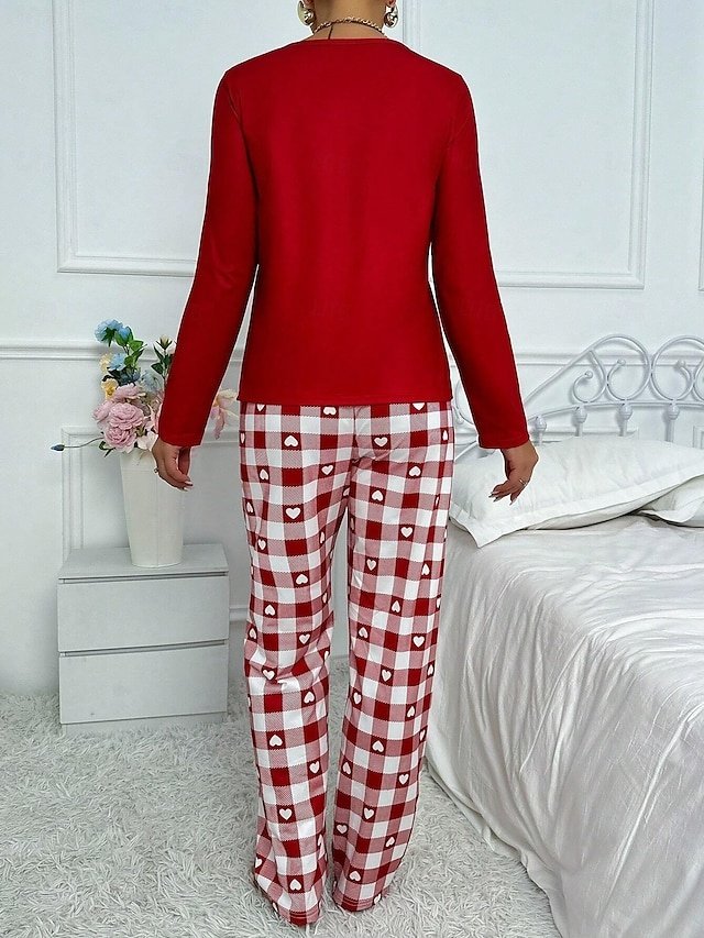 Casual Comfort Heart Grid Crew Neck Long Sleeve Pajama Set - Image 2