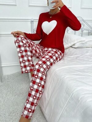 Casual Comfort Heart Grid Crew Neck Long Sleeve Pajama Set - Image 3