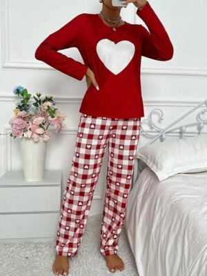 Casual Comfort Heart Grid Crew Neck Long Sleeve Pajama Set - Image 4