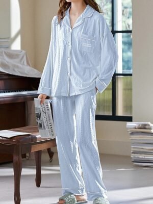 Casual Comfort Letter Lapel Long Sleeve Button Pajama Set - Image 1