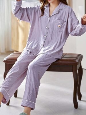 Casual Comfort Letter Lapel Long Sleeve Button Pajama Set - Image 8