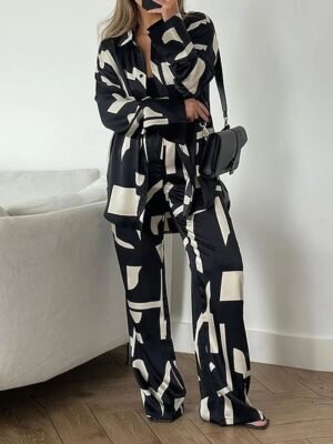 Casual Comfort Print Lapel Long Sleeve Home Outfit Set - Image 1