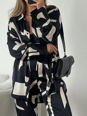 Casual Comfort Print Lapel Long Sleeve Home Outfit Set - Image 2