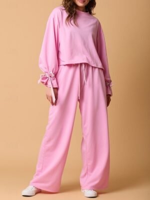 Casual Comfort Pure Colour Crew Neck Long Sleeve Pyjama Set - Image 1