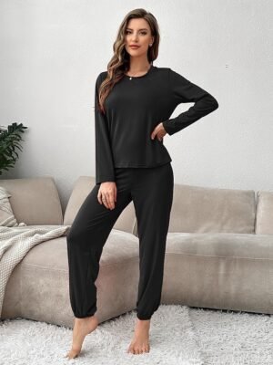 Casual Comfort Pure Colour Crew Neck Long Sleeve Pajama Set - Image 16