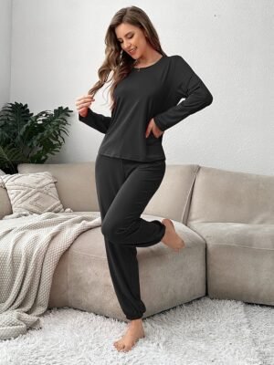 Casual Comfort Pure Colour Crew Neck Long Sleeve Pajama Set - Image 17