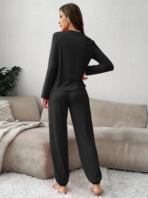 Casual Comfort Pure Colour Crew Neck Long Sleeve Pajama Set - Image 18