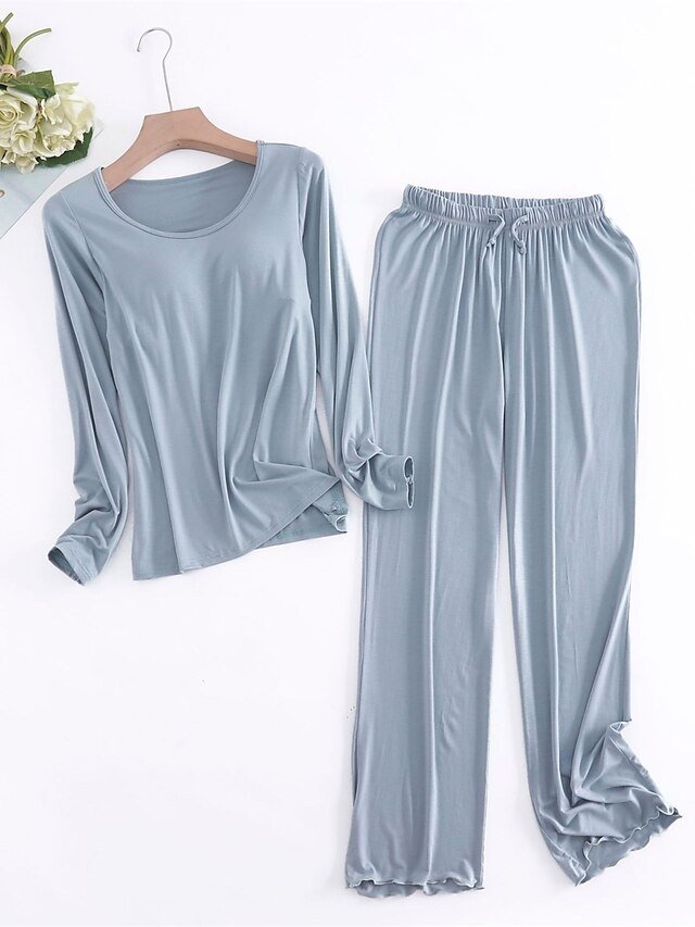 Casual Comfort Pure Colour Crew Neck Long Sleeve Pajama Set - Image 2