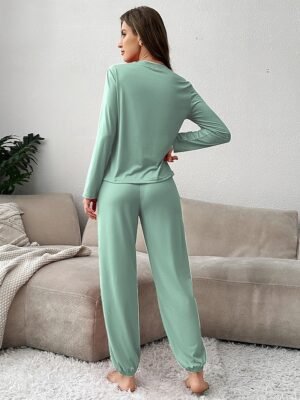 Casual Comfort Pure Colour Crew Neck Long Sleeve Pajama Set - Image 2
