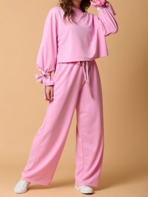 Casual Comfort Pure Colour Crew Neck Long Sleeve Pyjama Set - Image 2