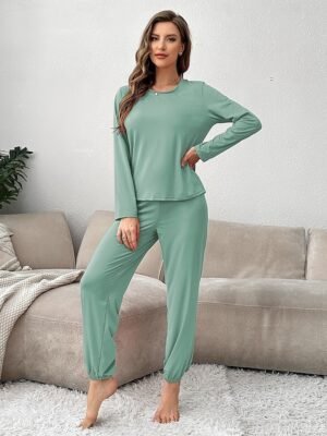 Casual Comfort Pure Colour Crew Neck Long Sleeve Pajama Set - Image 3