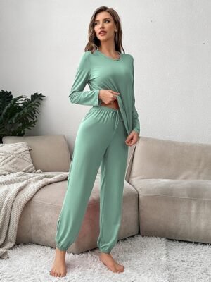 Casual Comfort Pure Colour Crew Neck Long Sleeve Pajama Set - Image 4