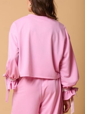 Casual Comfort Pure Colour Crew Neck Long Sleeve Pyjama Set - Image 4