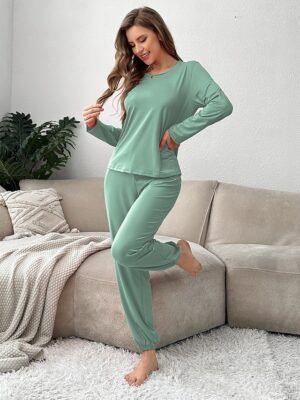 Casual Comfort Pure Colour Crew Neck Long Sleeve Pajama Set - Image 5