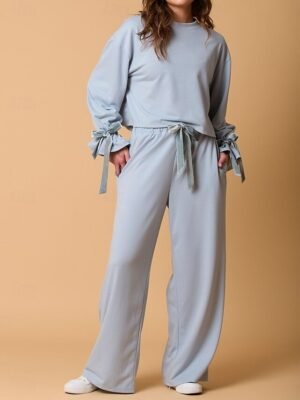 Casual Comfort Pure Colour Crew Neck Long Sleeve Pyjama Set - Image 5