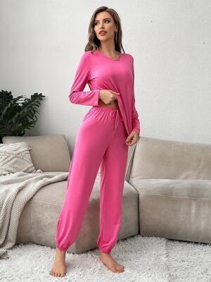 Casual Comfort Pure Colour Crew Neck Long Sleeve Pajama Set - Image 8