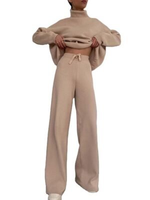 Casual Comfort Pure Colour High Neck Long Sleeve Knit Loungewear Set - Image 5