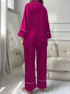 Casual Comfort Pure Colour Lapel Long Sleeve Pajama Set - Image 10
