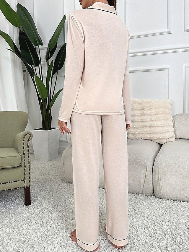 Casual Comfort Pure Colour Lapel Long Sleeve Pajama Set - Image 2