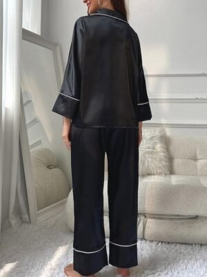 Casual Comfort Pure Colour Lapel Long Sleeve Pajama Set - Image 2