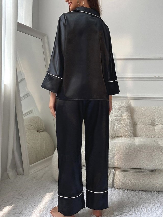 Casual Comfort Pure Colour Lapel Long Sleeve Pajama Set - Image 2