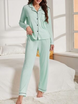 Casual Comfort Pure Colour Lapel Long Sleeve Pajama Set - Image 9