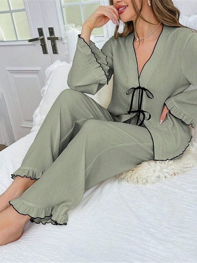 Casual Comfort Pure Colour V Neck Long Sleeve Home Pajama Set - Image 1