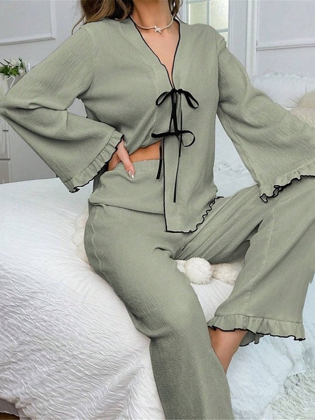 Casual Comfort Pure Colour V Neck Long Sleeve Home Pajama Set - Image 2