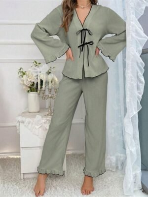 Casual Comfort Pure Colour V Neck Long Sleeve Home Pajama Set - Image 4