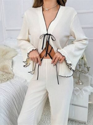 Casual Comfort Pure Colour V Neck Long Sleeve Home Pajama Set - Image 9