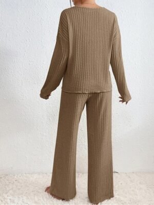 Casual Comfort Pure Colour V Wire Long Sleeve Knit Loungewear Set - Image 11
