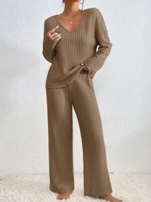 Casual Comfort Pure Colour V Wire Long Sleeve Knit Loungewear Set - Image 26