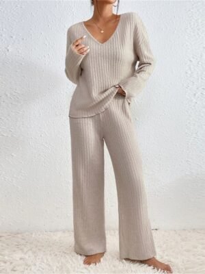 Casual Comfort Pure Colour V Wire Long Sleeve Knit Loungewear Set - Image 6