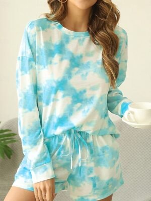 Casual Comfort Tie Dye Crew Neck Long Sleeve Pullover Shorts Pajama Set - Image 1