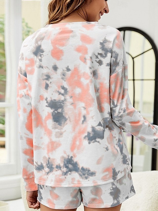 Casual Comfort Tie Dye Crew Neck Long Sleeve Shorts Loungewear Set - Image 2