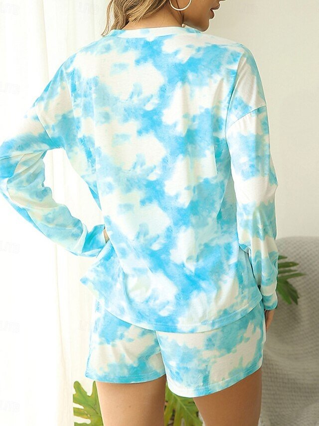 Casual Comfort Tie Dye Crew Neck Long Sleeve Pullover Shorts Pajama Set - Image 2