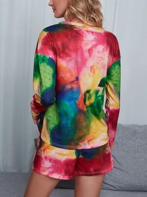 Casual Comfort Tie Dye Crew Neck Long Sleeve Short Loungewear Set - Image 2