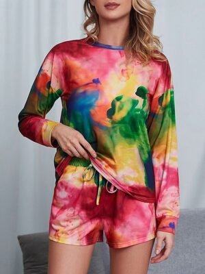 Casual Comfort Tie Dye Crew Neck Long Sleeve Short Loungewear Set - Image 3