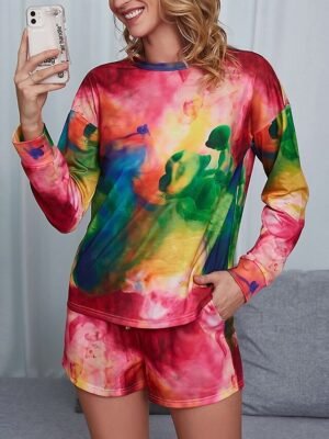 Casual Comfort Tie Dye Crew Neck Long Sleeve Short Loungewear Set - Image 4
