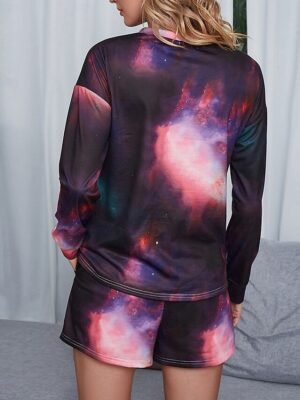 Casual Comfort Tie Dye Crew Neck Long Sleeve Short Loungewear Set - Image 6