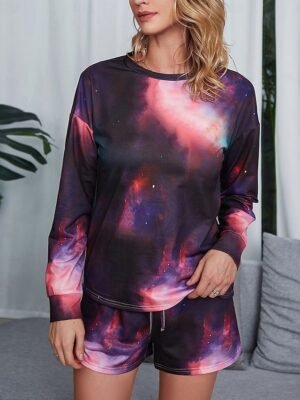 Casual Comfort Tie Dye Crew Neck Long Sleeve Short Loungewear Set - Image 7