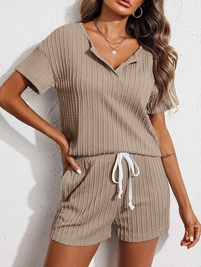 Casual Comfort V Neck Short Sleeve Elastic Waist Pajama Set - Image 1