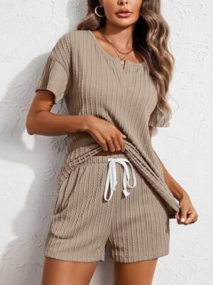 Casual Comfort V Neck Short Sleeve Elastic Waist Pajama Set - Image 3
