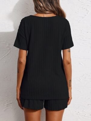 Casual Comfort V Neck Short Sleeve Elastic Waist Pajama Set - Image 5