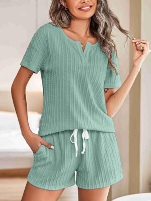 Casual Comfort V Neck Short Sleeve Elastic Waist Pajama Set - Image 7